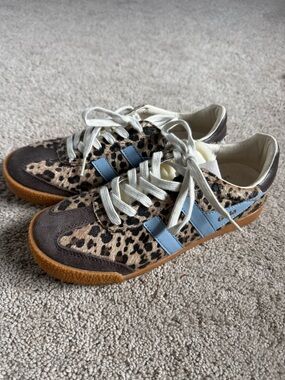 Gola Elan Anthropologie Leopard Sneakers Pony Hair Blue Stripe Gum Sole Size 6